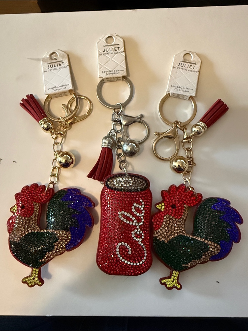 Crystal Embellished Red Rooster & Soda Keychains by Juliet